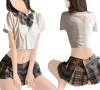 Déguisement sexy d'étudiante bleu (jupette, chemisier, string)