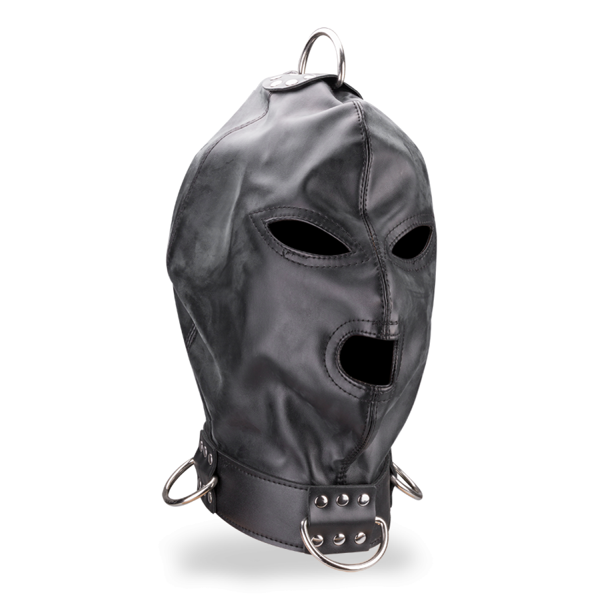 Cagoule BDSM en similicuir trois ouvertures et anneaux